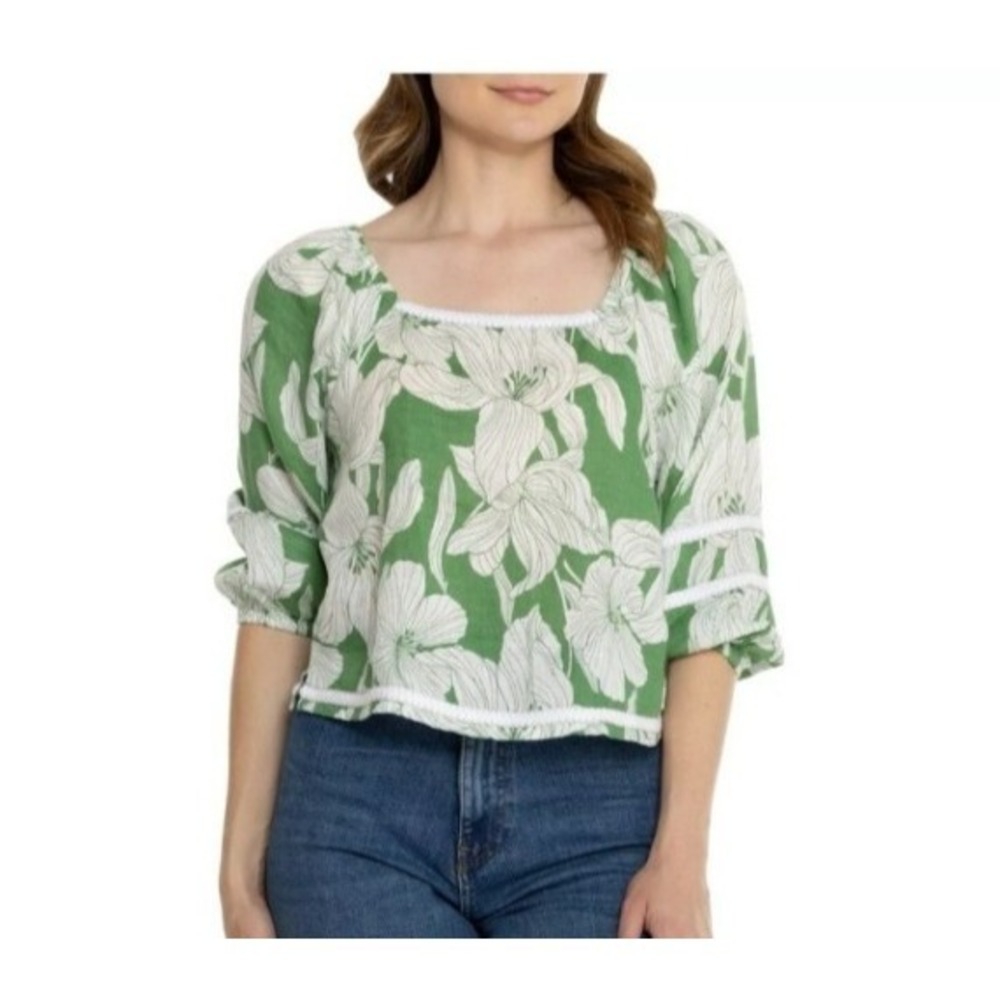Tahari Women Green Floral Tropical Coastal 100% Linen Blouse Size Large Cropped